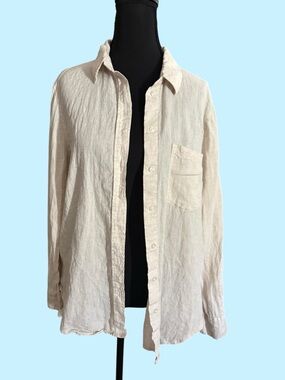 H&M Linen Button Down Shirt Cream Beige Lightweight Oversized Small